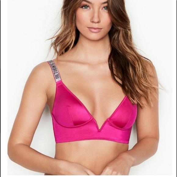 Victorias Secret Long Line V Shine Strap Bra Hot Fuchsia Pink Set - Picture 9 of 10